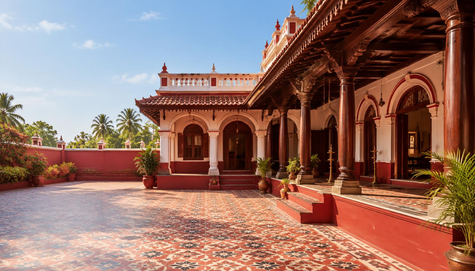 Traditional Karaikudi Chettinad courtyard with carved timber pillars and patterned tiles